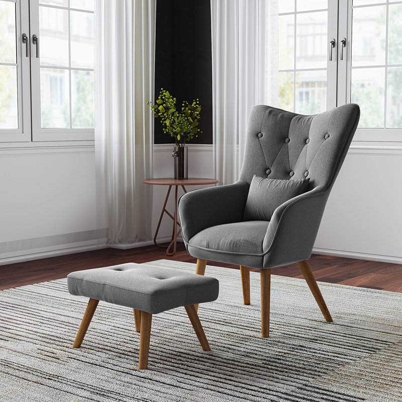 Georgia Upholstered Wingback Chair with Footstool, Grey