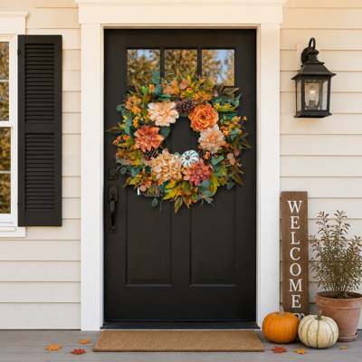 24" Autumn Wreath with Warm Orange Florals & Berry Clusters, Classic Fall Front Door Decor