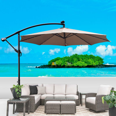 Parasol de terrasse à énergie solaire 10 pi avec parasol 8 lumières à DEL avec manivelle et base transversale pour terrasse de jardin et abri de piscine extérieur