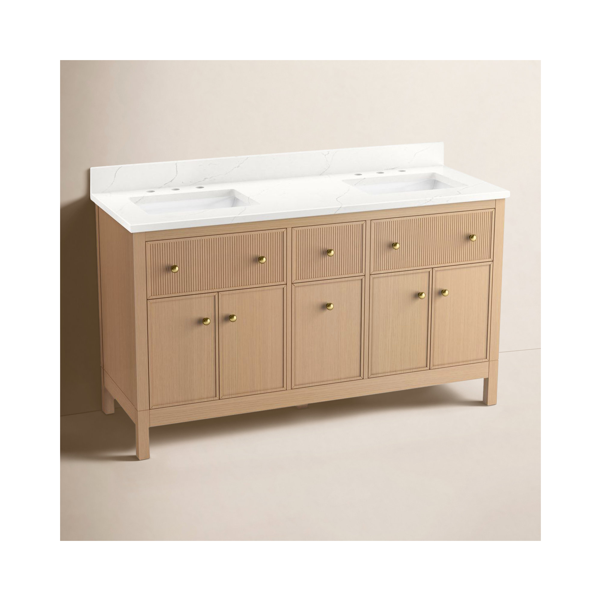 Malin By Studio McGee 72 in. Bathroom Vanity Cabinet With Sinks And Quartz Top, 39.68'' H X 60 '' W x  22.43'' D , Brass, Oak