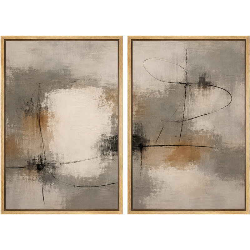 Soft Neutral Abstract Artwork with Linear Black Accents, Living Room Pictures, Framed Canvas Giclee Print Wall Art