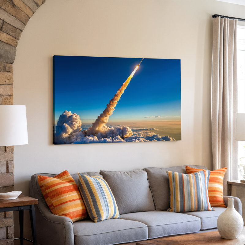 Toile, une fusée élégante monte brusquement dans un ciel bleu clair, laissant un panache dramatique de fumée derrière elle, art mural sur toile contrastant