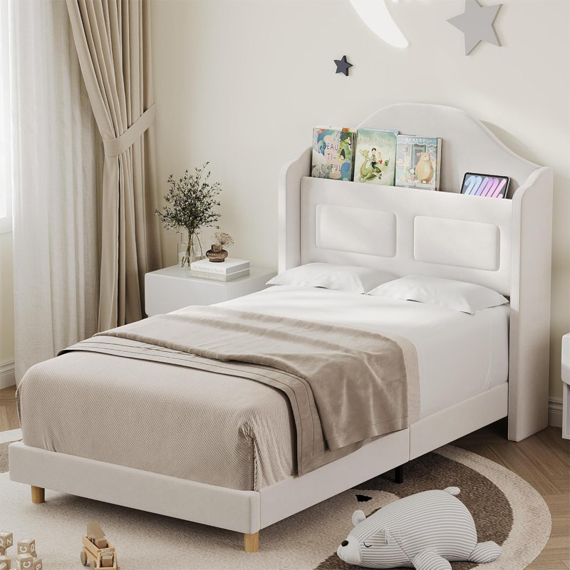 Upholstered Twin Bed Frame With LED Lights, Velvet Platform Bed Frame With Wing Back Storage Headboard, Wood Slats Support, No Box Spring Needed, Easy Assembly, Beige