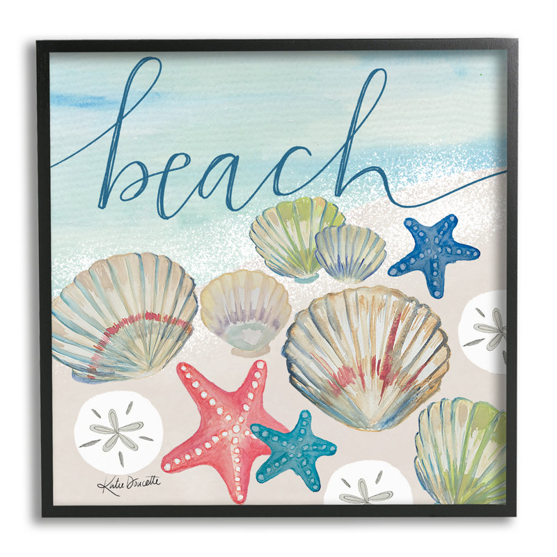 «Beach Calligraphy Seashells Clams Starfish Ocean Foam», estampe numérique encadrée, art texturé par Katie Doucette