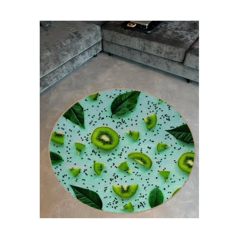 Green Tones Leaf And Kiwi Patterned Round Woven Base Modern Decorative Carpet, Round 5'