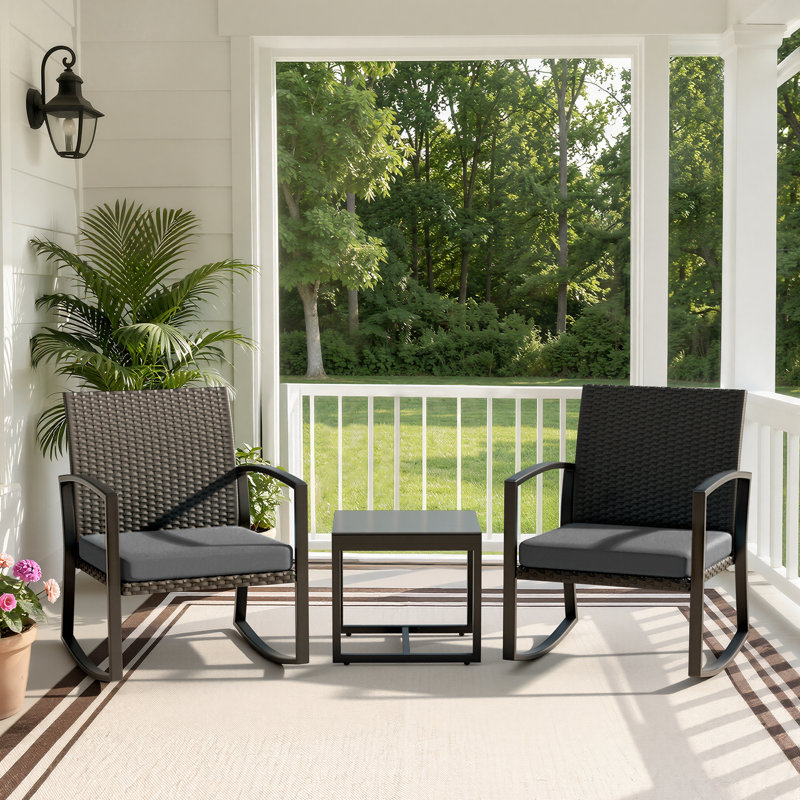 Rocking Patio Bistro Sets - All-Weather - 3 Piece Wicker Outdoor Front Porch Chair, Rattan Conversation Furniture Set for Balcony, Porch, Garden, Yard, Poolside,Blue