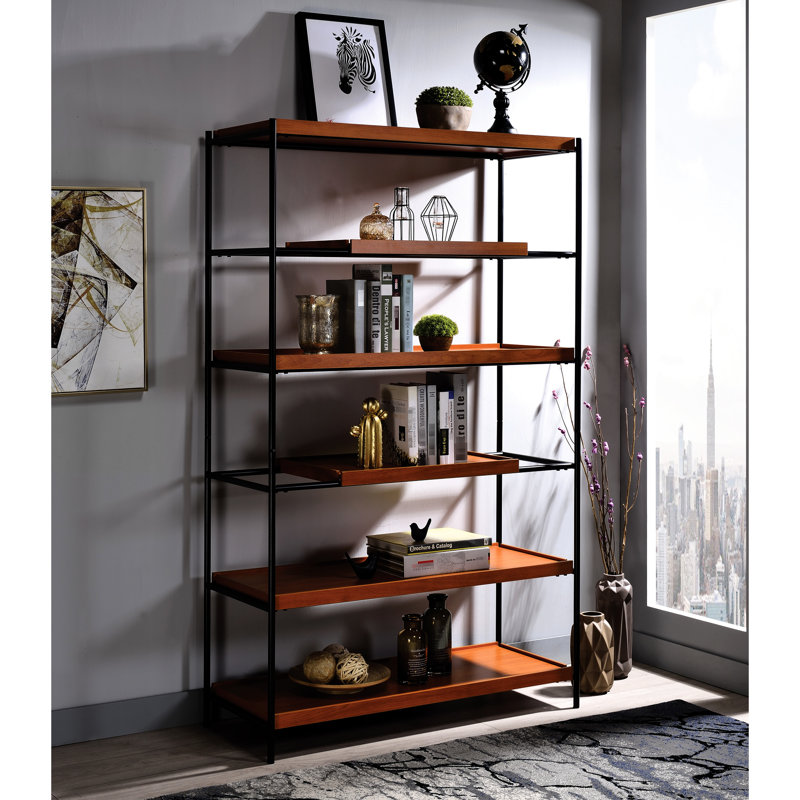 Bibliothèque élégante à 6 tablettes en chêne miel et noir pour la décoration intérieure moderne - pratique et