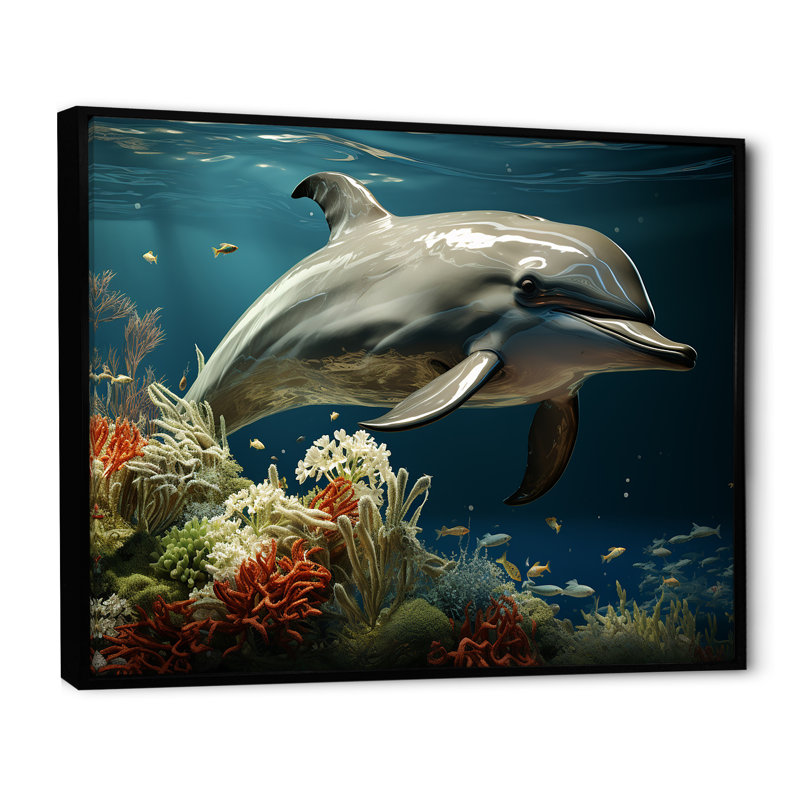 Dauphin éternel dansant III sur toile, H 16 po x l 32 po x P 1 po, Cadre flottant noir