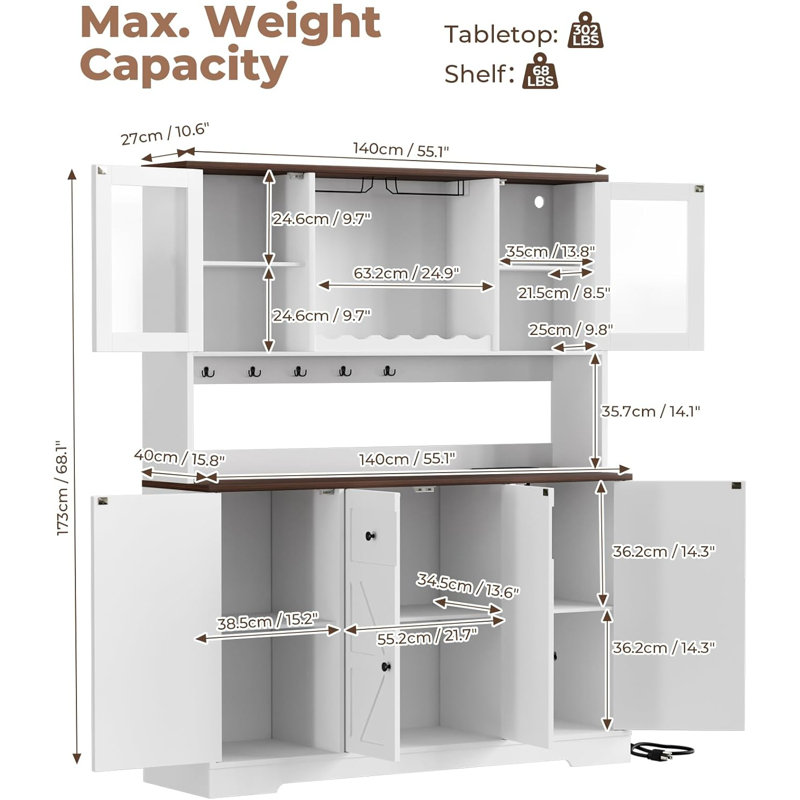 Garde-manger de 68 po de hauteur avec station de charge et éclairage à DEL, l 55,1 po de style campagnard avec tablette à micro-ondes et tablettes réglables
