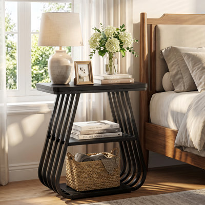 3-Tier Industrial Nightstand with Open Storage Shelves, 23.62" Side Table with Curved Metal Frame, Compact Bedside End Table for Bedroom & Living Room
