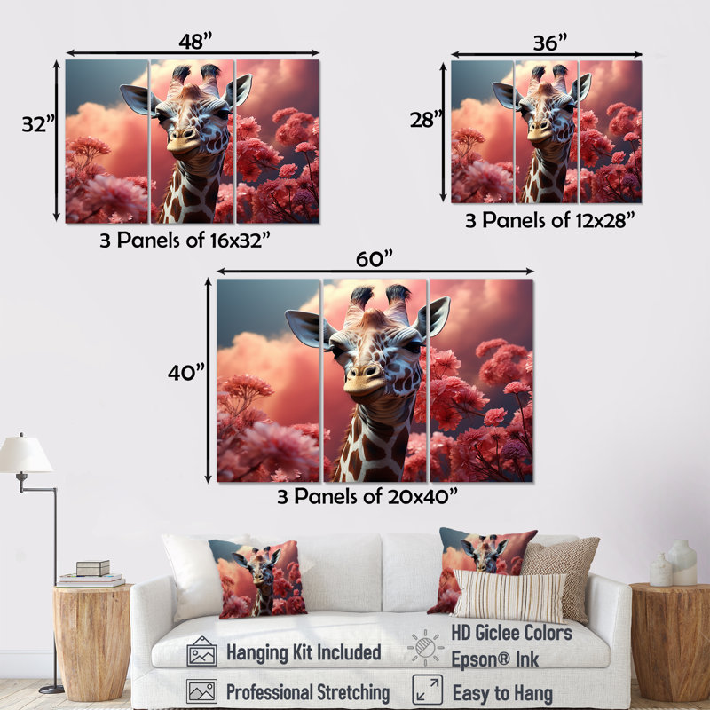 Popart rose girafe en amour - ensemble de décoration murale girafe, H 28 po x l 36 po