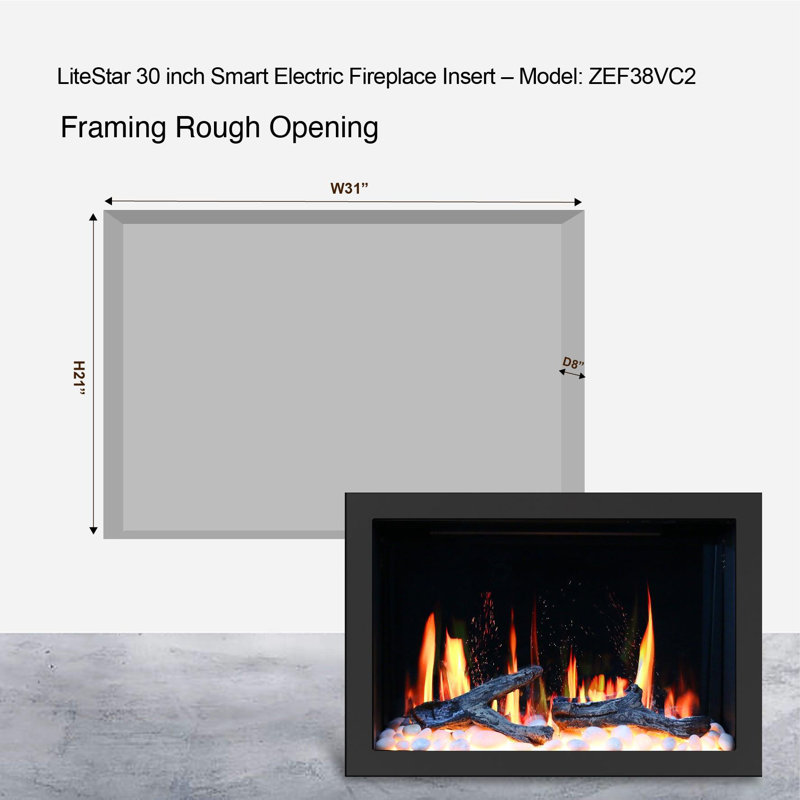 Insertion de foyer électrique intelligent 38 po Litestar ZEF38VC - Contrôle d'application WiFi, bûches respirantes avec décor de roches de glace pilée, couleurs de flammes multiples, bruit de craquement, chauffage de foyer intégré