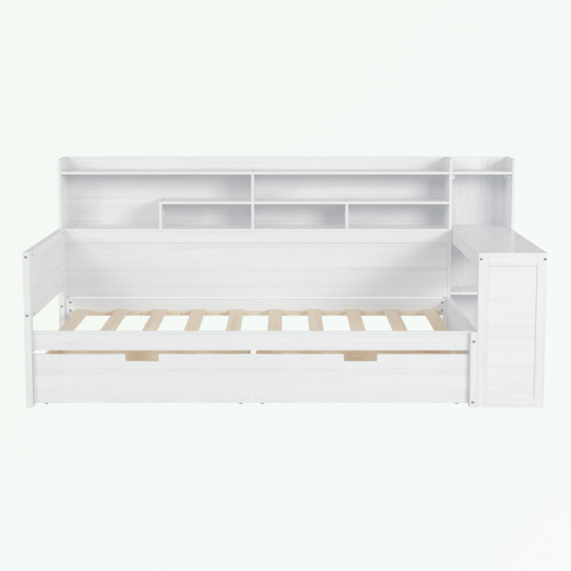 Lit de jour simple avec tablettes de rangement, deux tiroirs de rangement et bureau d'étude, Lit simple, Blanc antique