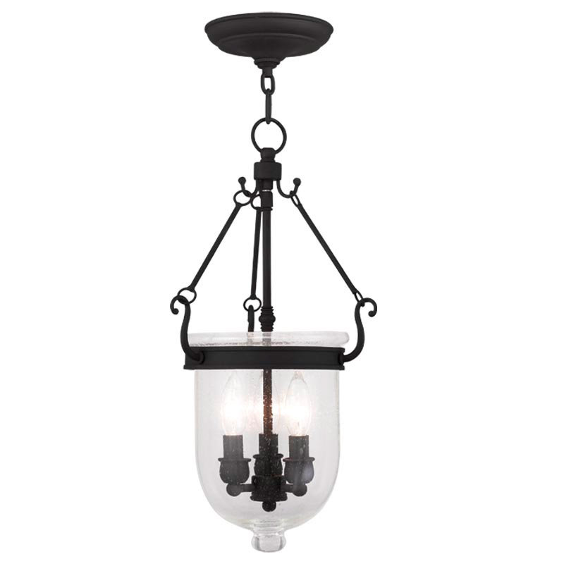 Chain Lantern Pendant Fixture Seeded Glass Shade, Black