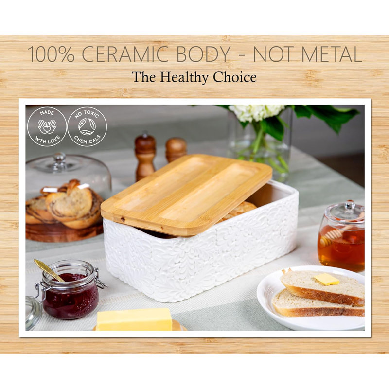 Boîte à pain en céramique gravée pour comptoir de cuisine - contenant à pain polyvalent avec couvercle épais en planche à découper en bambou - corbeille à pain élégante
