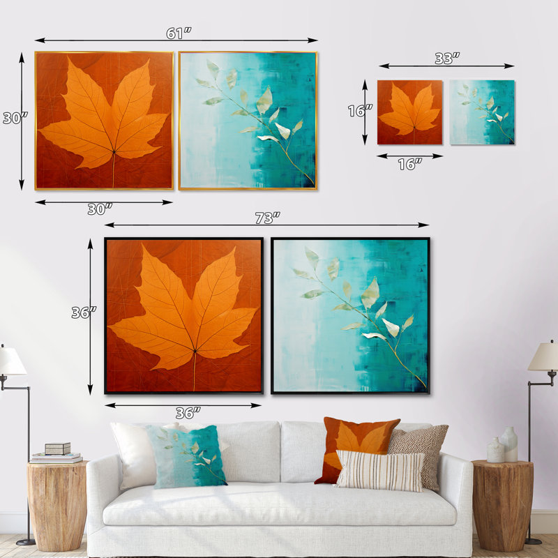 Harmonie de feuilles abstraites turquoise - ensemble de 2 feuilles carrées, Cadre flottant noir, H 16 po x l 33 po