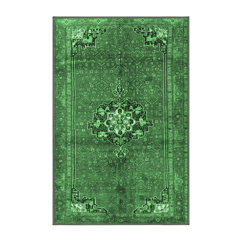 Tapis oriental en laine / polyester tissé à la machine en vert / noir, Rectangle 7 pi x 10 pi