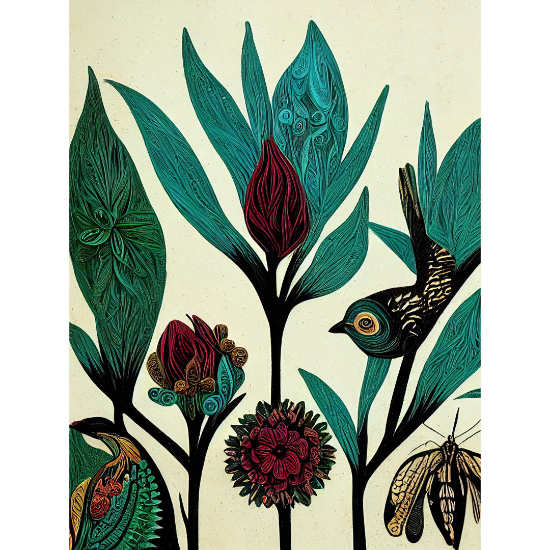 Abstract Folk Leaves Flowers Birds Vintage - Print