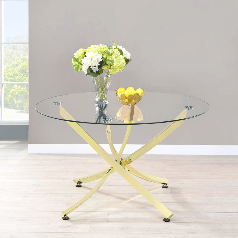 Table de salle à manger ronde pour salle à manger avec design en laiton et transparent - 29,5 pouces de hauteur, 46 de largeur, structure moderne en métal de hauteur, carrée, élégante