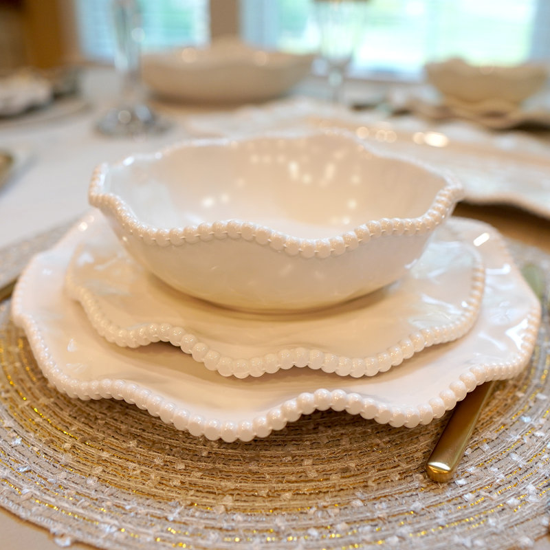 White Melamine 12-Piece Dinnerware Set with Beaded Ruffled Rims