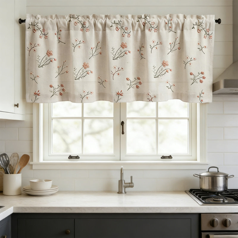 Floral Embroidered Valance 52X18 Light Filtering Rod Pocket Farmhouse Vintage 1 Panel