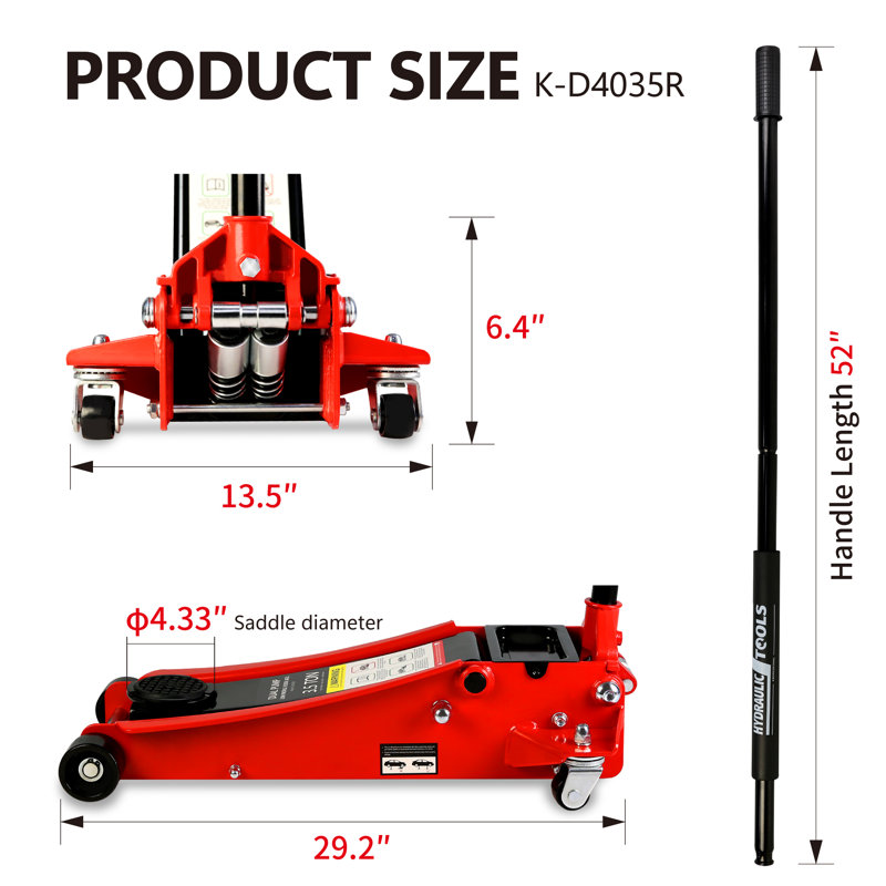 Cric de plancher hydraulique avec dispositif de levage rapide à double pompe, Rouge
