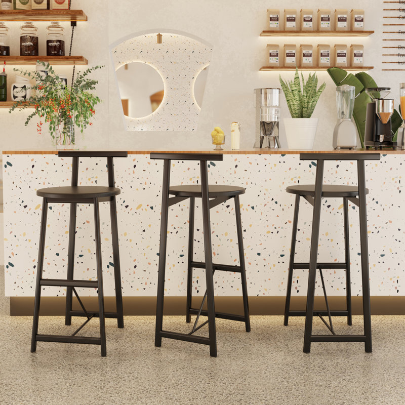 27''H Barstool Set Of 3 Wooden Round Bar Stools With Footrest Modern Kitchen Chairs For Counter