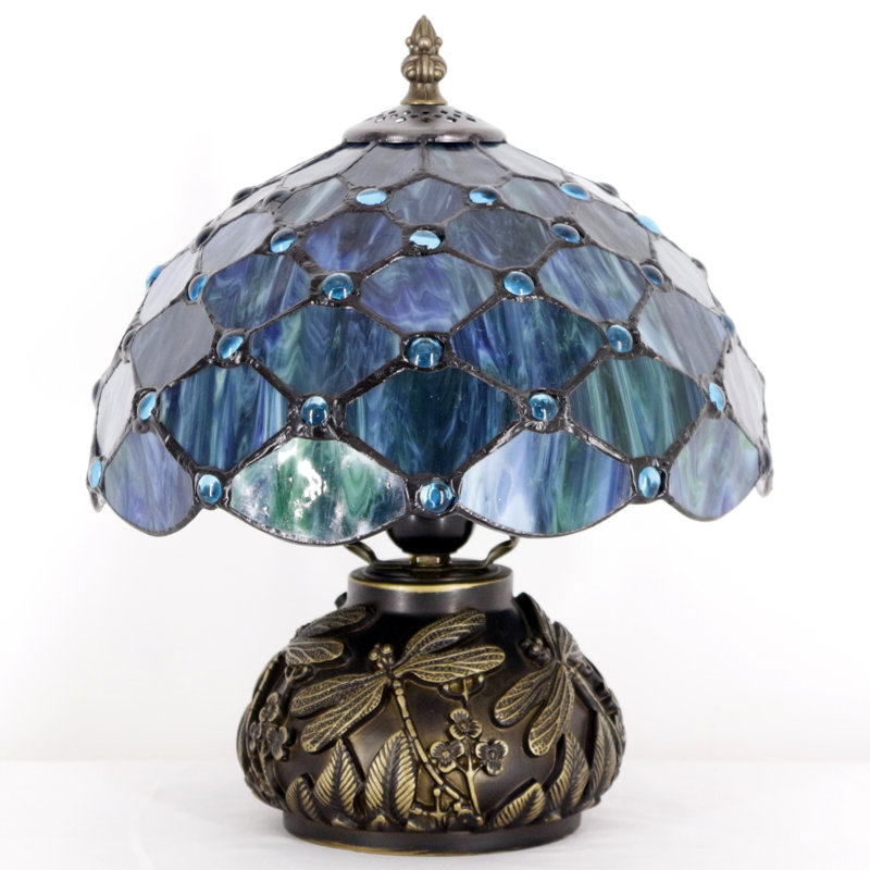 Petite lampe de table Tiffany en verre coloré de style perle bleue 10 x 11,5 pouces, lampe de table champignon pour bureau, salon, chambre à coucher