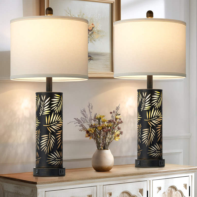 Lampes de chevet 27 po avec motif décoratif, ports de charge USB et ampoules DEL incluses, Feuille à fronde noire