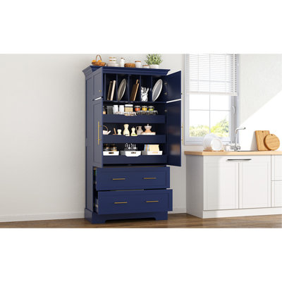 Farmhouse Freestanding 40"X18"X72.6" Kitchen Pantry, 4 Doors Dining Storage Cabinet With Pull-Out Trays, Drawers And Cake Pan Storage Organizer, Blue