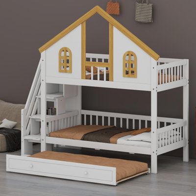 Playhouse loft bed with windows, door, and hidden pull-out bed