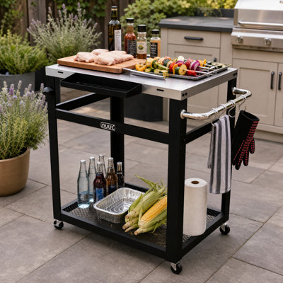 30" x 20" Outdoor Grill Cart & Prep Table with Stainless Steel Top, Rolling BBQ Food Prep Station with Wheels Mesh Shelf