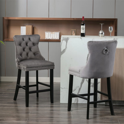 Contemporary Velvet Upholstered Barstools with Button Tufted Decoration and Wooden Legs