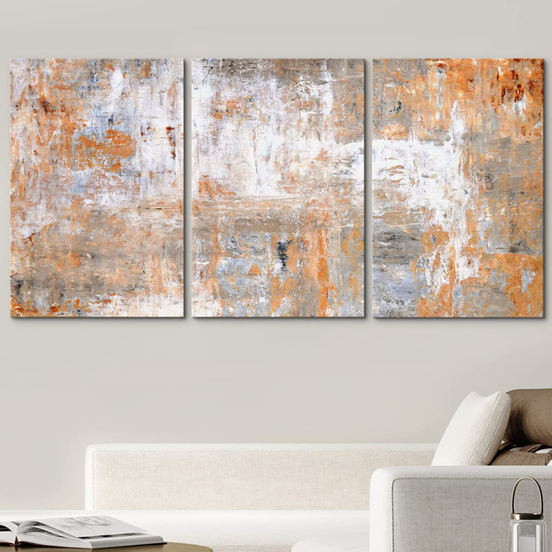 «Triptych Abstract Orange Grunge Brushstrokes», 3 pièces, reproduction d'art sur toile, salon, H 24 po x l 16 po, Sans cadre