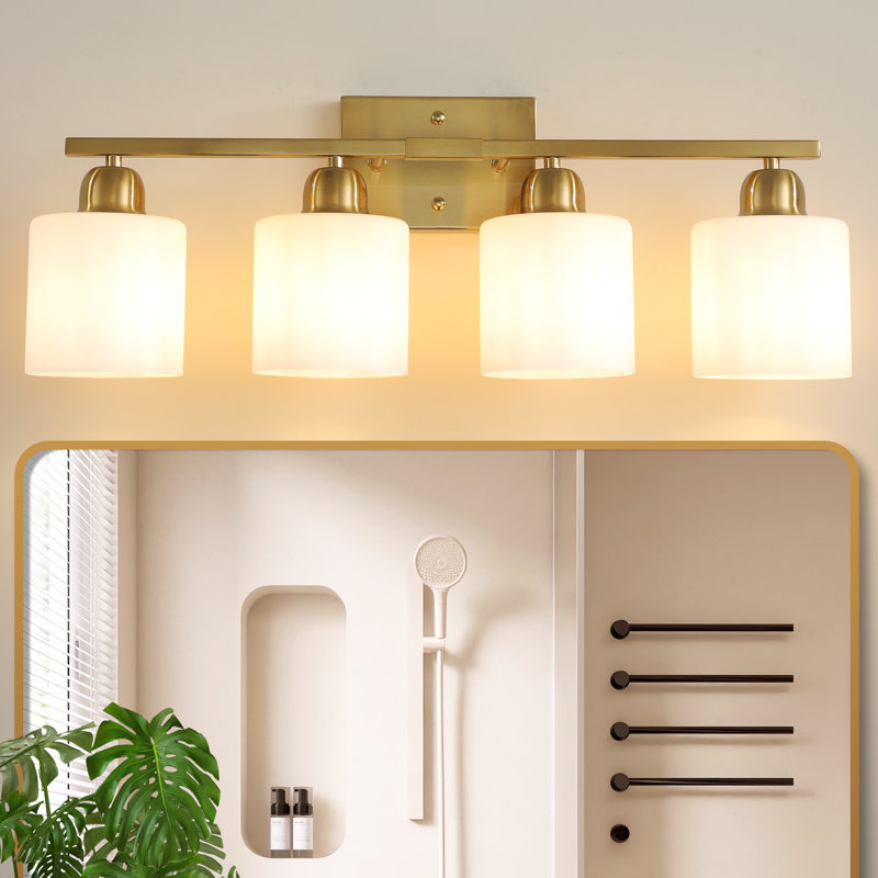  Luminaire de salle de bain à 4 lumières à intensité variable avec abat-jour en verre de lait givré, Doré, Quatre lumières