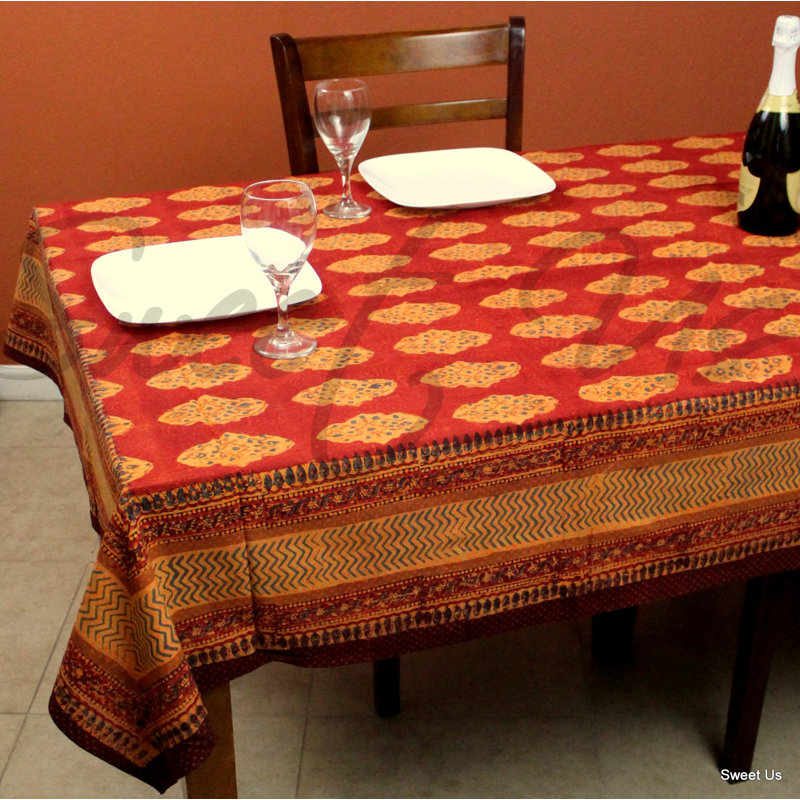 Block Print Diamond Cotton Tablecloth, Rust, 104" L x 88" W