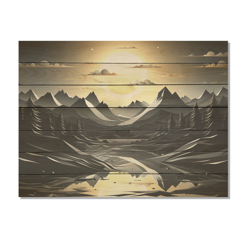 Moon Silhouette Mountain Peaks Landscape - Landscape Mountains On Wood Print, 10" H x 20" W x 0.78" D