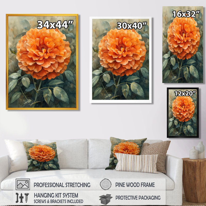 Décoration murale orange et vert parfumée souci Marigold II - souci, H 12 po x l 20 po, Cadre simple noir, bois massif