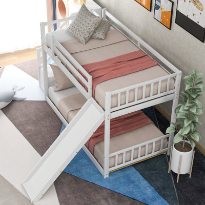 Twin Over Bunk Bed In White With Convertible Slide And Stairway - Space Saving & Made Of Wood Extra Fun Storage Shelves Assembly Needed Bed, Low Feature Strong Required
