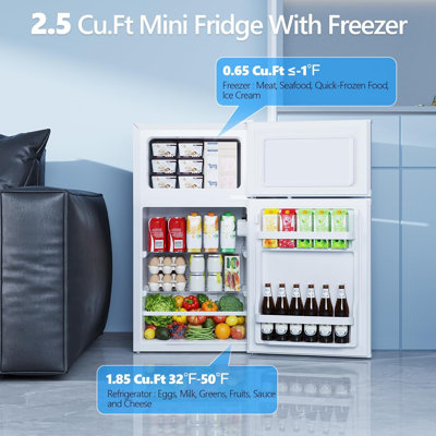 COWSAR 2.5 Cu.Ft Mini Fridge with Freezer, Double-Door Compact Refrigerator, Adjustable Glass Shelves, Mechanical Thermostat, Leveling Feet, Space-Saving for Apartment, Dorm, and Office, Silver.