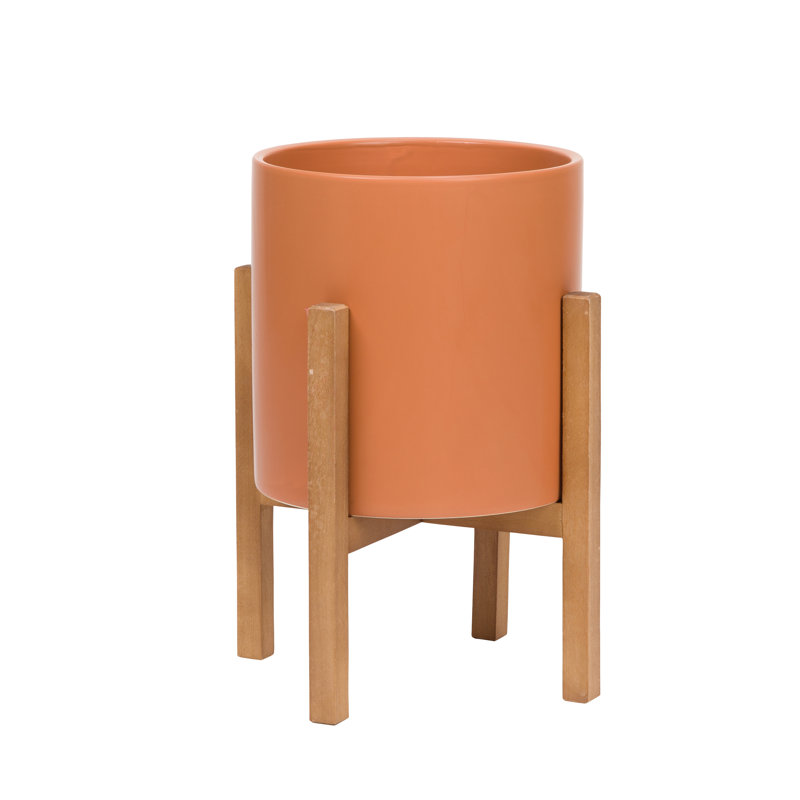 Surles Round Modern Ceramic Indoor Pot Planter with Wood Legs, Terracotta, 16" H x 11" W x 11" D