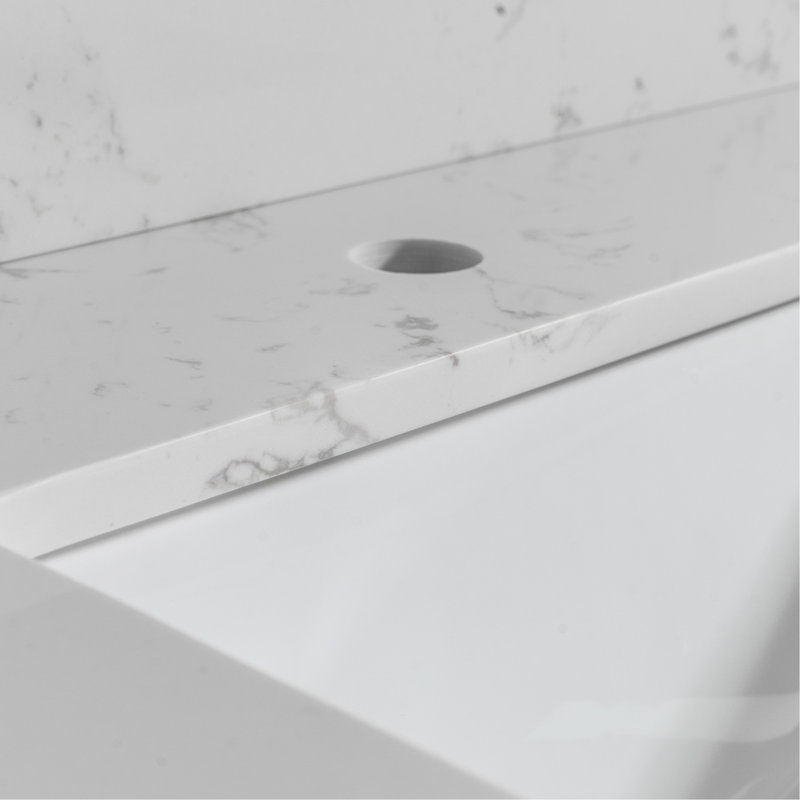 Meuble-lavabo en pierre reconstituée de 43 po x 22 po - couleur marbre blanc, lavabo rectangulaire encastré en céramique, dosseret, trou de robinet