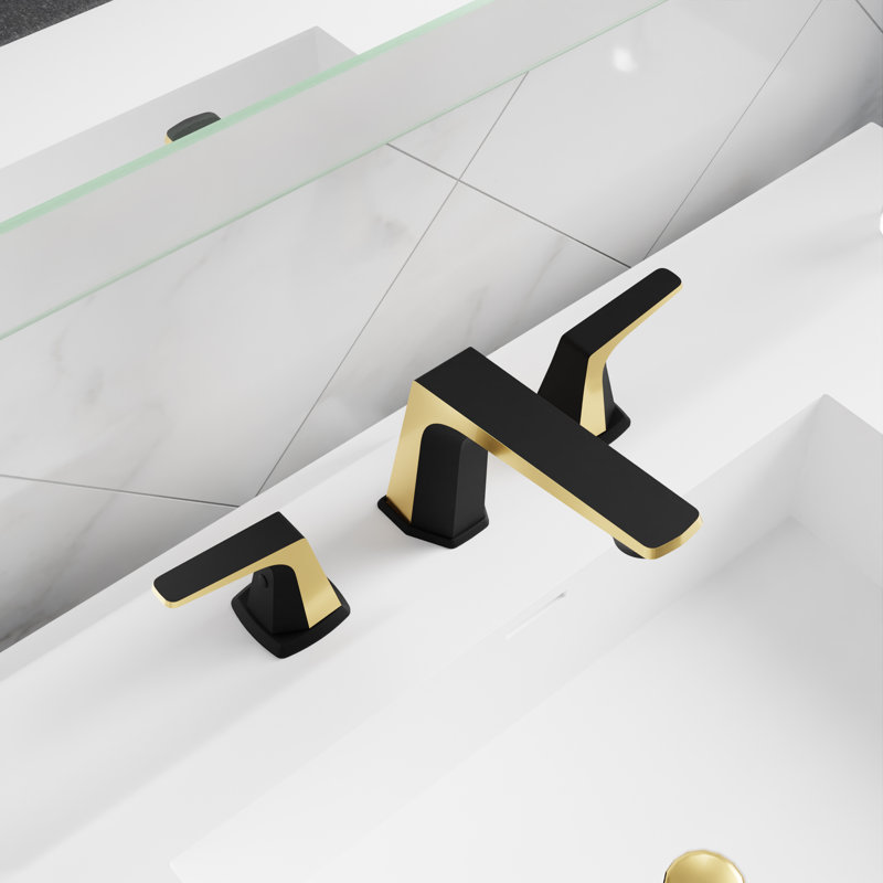 Widespread 2-handle Bathroom Faucet with Drain Assembly, Matte Black/Brushed Gold