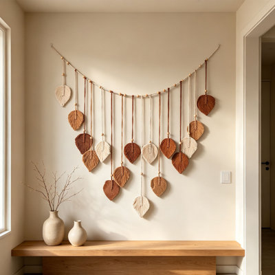 Hand Woven Leaf Tapestry Wall Hanging With Wooden Beads Boho Leaf Photo Display Garland   Photo Wall Decor   Bestselling Home Ornament