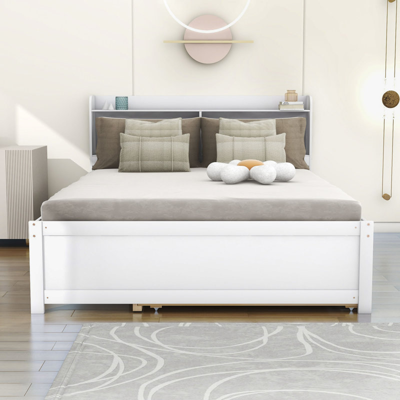 Lit plateforme en bois avec lit gigogne et tablettes, Double, Blanc
