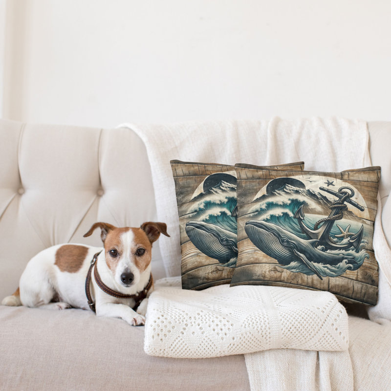 429472_Ambesonne Housse de coussin nautique 2Pack Cottage Anchor Whale Waves, H 24 po x l 24 po