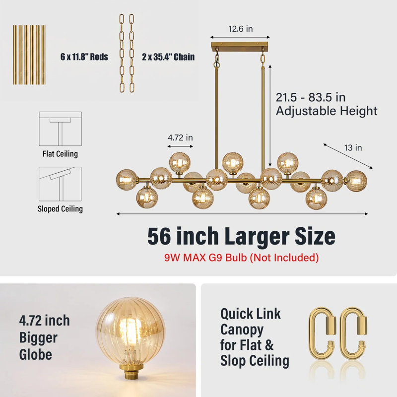 16 - Light Dimmable Bubble Glass Sputnik Modern Linear Chandelier, Gold/Amber