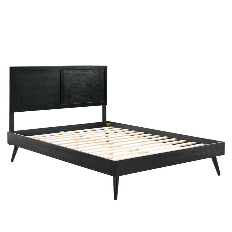 Lit plateforme en bois Marlee avec pieds évasés, Gris, Simple