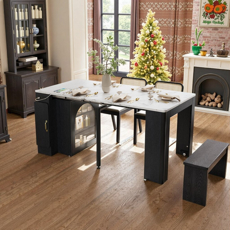 15.6"–59" Extendable Mobile Dining Table With Removable Leaves Power Outlets 3-Tier Storage And LED Lighting