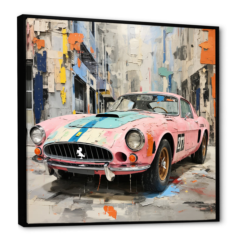 Rose, voiture de course American Vintage Gt - art mural, Cadre flottant noir, H 36 po x l 36 po x P 1,5 po